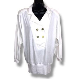 Vintage Large Peter Popovitch White Top Shoulder Pads Long Sleeve Gold Nautical